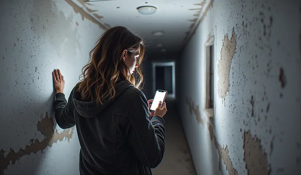 Une femme vue de dos dans un couloir sombre, tenant son téléphone éclairé devant elle, hésitante, lumière faible et inquiétante, atmosphère oppressante suggérant l'angoisse et le piège émotionnel