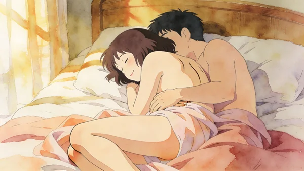 Couple en position de cuillère sur un lit, l'homme derrière sa partenaire, leurs corps nus enlacés dans une posture de pénétration anale douce. Les jambes de la femme sont légèrement repliées, son dos collé au torse de son partenaire qui enlace sa taille. Expressions sereines et complices, regards bienveillants. Chambre épurée avec lumière naturelle douce, ambiance calme et intime.