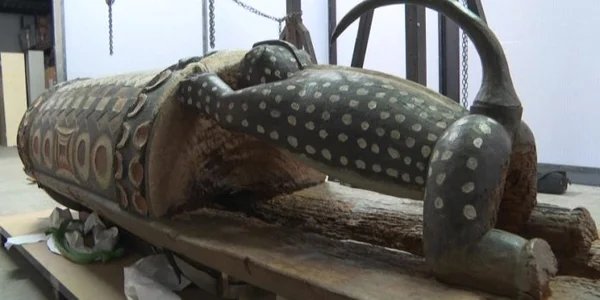 Djidji ayôkwé was restored in a workshop north of Paris by experts from Musée du Quai Branly, December, 2022.