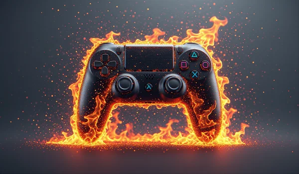Une console de jeu vidéo noire et rectangulaire enveloppée de flammes brillantes sur un fond sombre