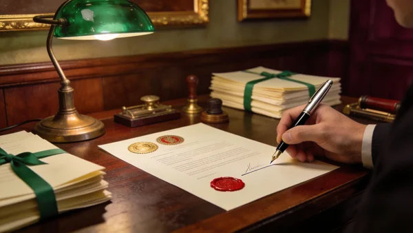 Main tenant un stylo sur le point de signer un document officiel devant un notaire, bureau en bois massif avec cachets,sceaux et liasse de documents, éclairage chaleureux de bureau d'étude notariale, cadres aux murs en arrière-plan