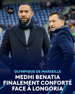Graphique France.tv Sport illustrant Medhi Benatia conforté face à Pablo Longoria à l'OM.