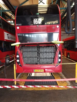 Taken at an open day held inside Catford bus garage, this photo shows the back of Stagecoach bus 84160 (LG71 DPU) BYD electric vehicle with the battery compartment open. It has ADL Enviro 40o City EV bodywork seating 64 people and is one of sixteen such vehicles allocated to this garage.
