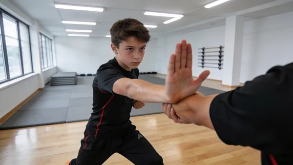 Adolescent de 14 ans en tenue de krav-maga noir réalisant une technique de défense contre une saisie, vue de trois quarts montrant le blocage du bras et le positionnement défensif, posture décidée mais contrôlée, environnement intérieur lumineux