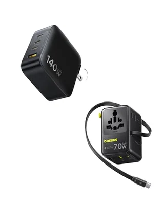 Baseus Universal Travel Adapter showing UK and EU plug extensions and USB-C ports