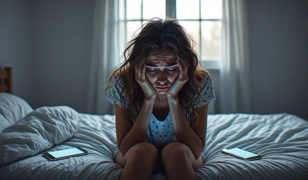 Jeune femme de 23 ans assise au bord de son lit à l'aube, tête dans les mains, smartphone allumé posé à côté d'elle sur les draps, lumière bleutée de l'écran éclairant son visage fatigué,vêtements de pyjama, expression épuisée et anxieuse, fenêtre derrière elle avec les premiers rayons du jour