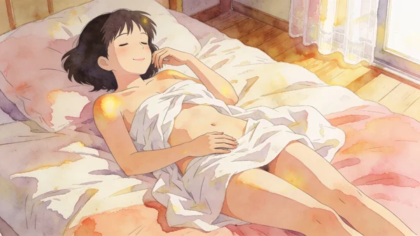 Femme seule dans une chambre, allongée nue ou partiellement vêtue sur un lit, explorant son corps avec ses mains ou avec un jouet sexuel. Expression de concentration et de plaisir, yeux fermés ou regard introspectif. Lumière chaude et intime, moment d'auto-découverte et d'exploration personnelle.