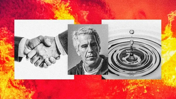 Collage illustrant les fichiers Epstein révélant comment les riches alimentent le déni climatique.