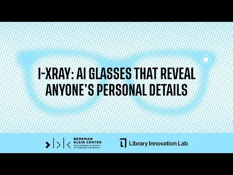 Graphique du projet I-XRAY : 'AI GLASSES THAT REVEAL ANYONE'S PERSONAL DETAILS' avec contour de lunettes.