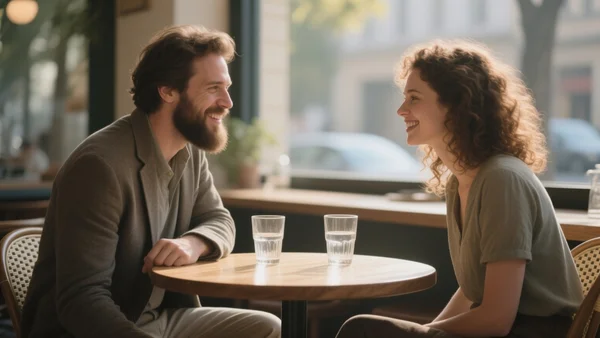 Un homme et une femme assis face à face dans un café lumineux, se regardant intensément dans les yeux en souriant, verre à la main sur la table, atmosphère de connexion sincère et naturelle