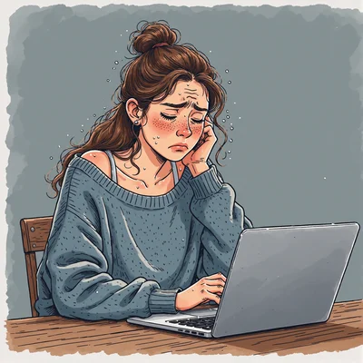 Femme stressée assise devant un ordinateur portable montrant des graphiques financiers rouges, lumière froide, visage fatigué