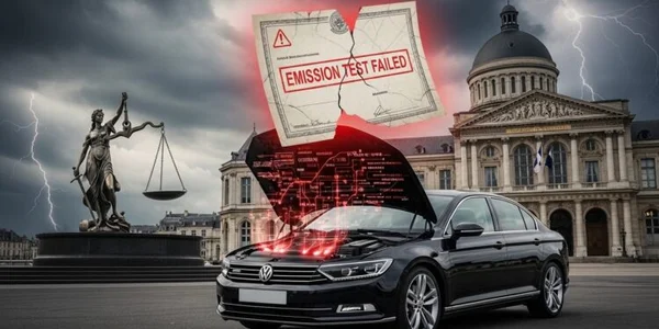 Logo Volkswagen en premier plan, illustrant la position du groupe face aux poursuites judiciaires françaises liées au Dieselgate.