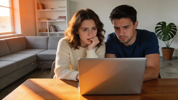 Deux jeunes adultes de 20 ans assis côte à côte devant un ordinateur portable ouvert sur une page d'ouverture de compte joint, regard inquiet, colocatisation moderne en arrière-plan, lumière naturelle de fin d'après-midi filtrant par une fenêtre