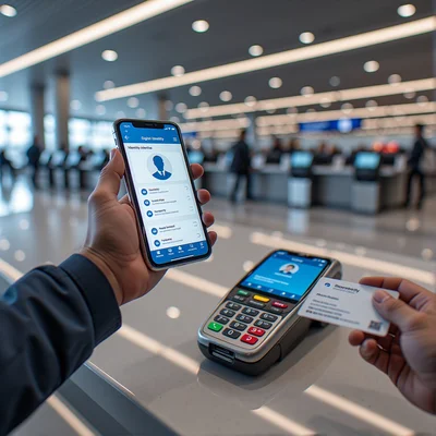 Vue en contre-plongée d'une main tenant un smartphone au-dessus d'une tête de lecture NFC, le téléphone affichant une interface d'identité numérique, la deuxième main tient une carte d'identité plastique à côté, fond flou de guichet d'aéroport moderne