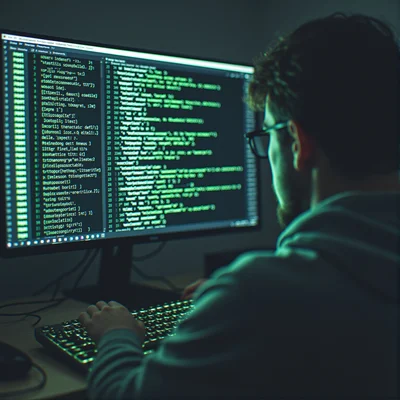 Gros plan sur un écran d'ordinateur dans une pièce sombre, affichant du code de piratage défilant rapidement avec des reflets verts sur le visage d'un utilisateur dans le flou