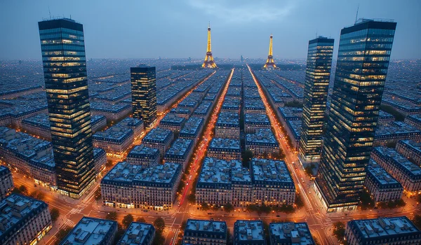Vue aérienne en plongée sur le centre de Paris au crépuscule, mettant en valeur plusieurs tours de bureaux modernes aux façades vitrées illuminées, avec la Tour Eiffel légèrement floue en arrière-plan et les rues animées formant un réseau lumineux entre les immeubles