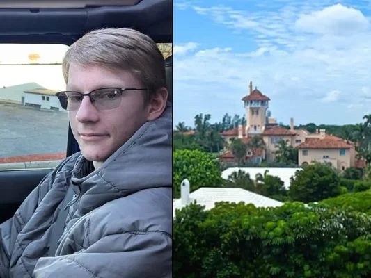 Image divisée de Tucker Austin Martin dans une voiture et de l'estate Mar-a-Lago.
