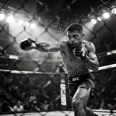 Diego Lopes fighting dynamically in the UFC Octagon.