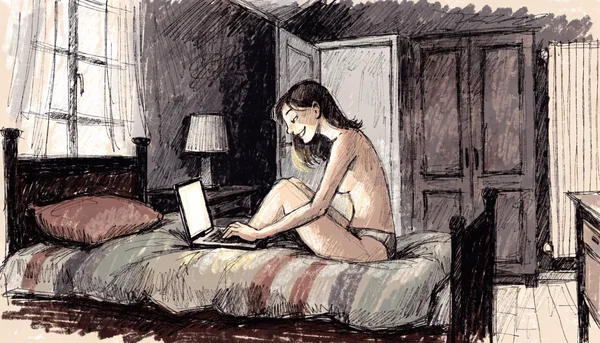 Jeune femme de 20 ans seule devant un ordinateur portable ouvert dans une chambre étudiante sombre, lumière d'écran sur son visage