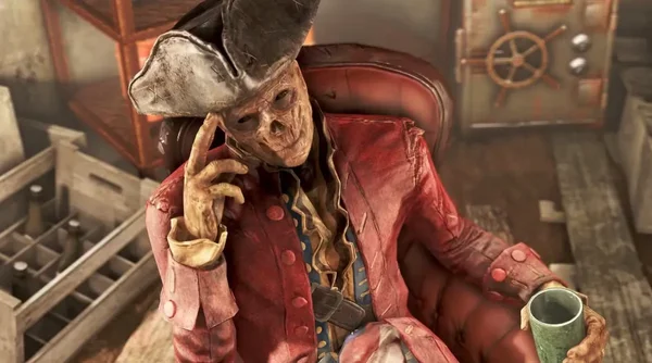 Deux soldats en armure de puissance noire sur une plateforme jaune, entourés de montagnes et d'arbres morts.