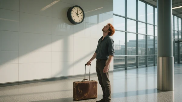 Voyageur fatigué regardant l'horloge d'une gare, valise à la main, affichant un retard important