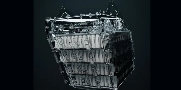 Pack de batteries transparent avec cellules cylindriques DONUT et câblage visible.