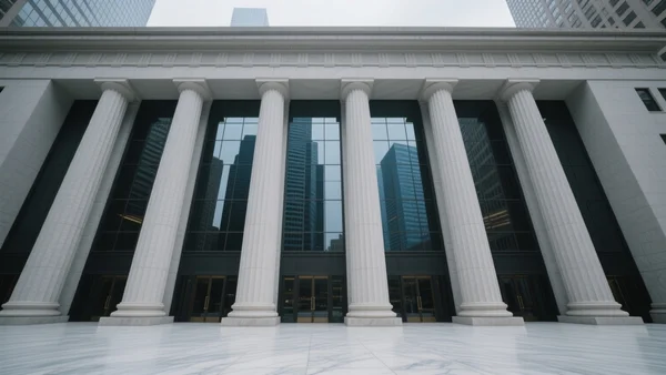 Façade en marbre d'une grande banque américaine avec colonnes néoclassiques, reflets de gratte-ciels financiers dans les vitres, ciel gris urbain