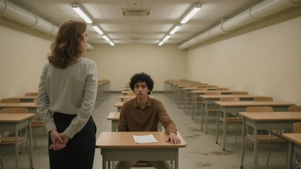 Salle d'examen avec rangées de bureaux, un surveillant au premier plan observe attentivement les candidats, un étudiant au second plan se fait prendre en flagrant délit de triche, bras tendu vers une antisèche, expression paniquée sur son visage, éclairage fluorescent institutionnel
