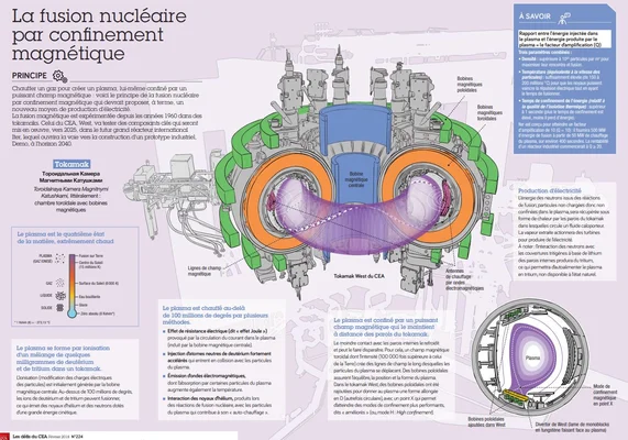 Fonctionnement d'un réacteur tokamak pour le confinement magnétique du plasma.