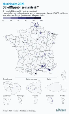 Carte de la percée du RN aux municipales 2026 par commune.