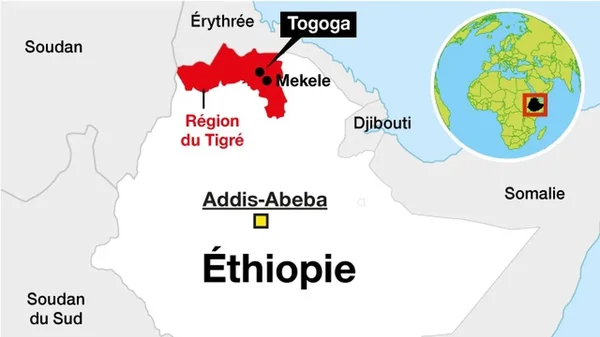Carte de l'Éthiopie avec la région du Tigré en rouge, indiquant Mekelle, Togoga et Addis-Abeba.