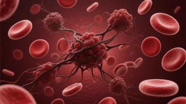 Gros plan de cellules sanguines humaines au microscope, certaines montrant une coagulation anormale avec des caillots visques, fond rouge foncé