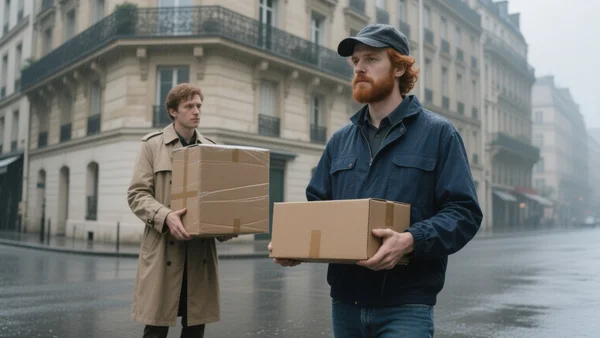 Déménageurs portant des cartons en bas d'un immeuble haussmannien parisien sous la pluie, ambiance mélancolique et grisâtre