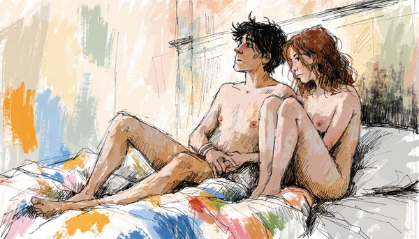 Homme et femme assis sur un lit, se tenant par la main, l'homme regarde pensif vers le vide, la femme regarde l'homme avec attention, lumière naturelle