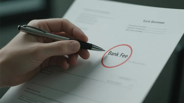 Vue en gros plan d'une main tenant un stylo bille qui pointe une ligne rouge encerclant un montant de frais bancaires sur une feuille de relevé de compte blanc, lumière de bureau tamisée