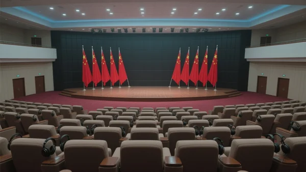 Grande salle de conférence officielle en Chine, drapeaux rouges disposés en rangée sur la scène, rangées de sièges vides avec écouteurs, éclairage public froid et bleuté