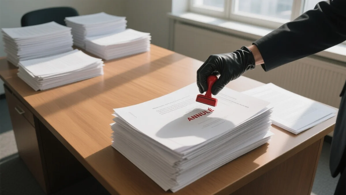 Vue en plongée d'un bureau lumineux avec de nombreux documents juridiques empilés sur une table en bois, une main gantée tient un tampon encreur marqué 'ANNULÉ' appuyé sur une pile de dossiers, lumière naturelle venant d'une fenêtre