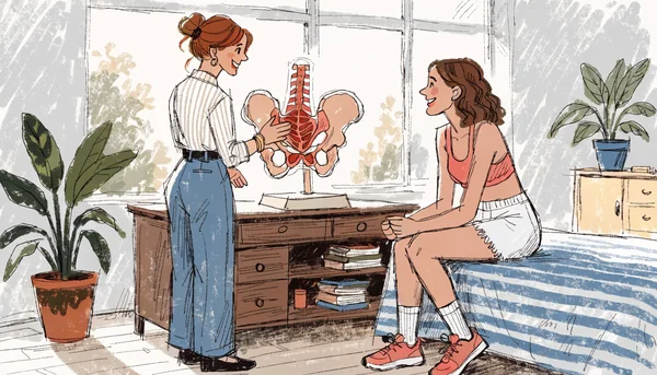 Kinésithérapeute montrant à une patiente sur un anatomique féminin la zone du périnée et du plancher pelvien