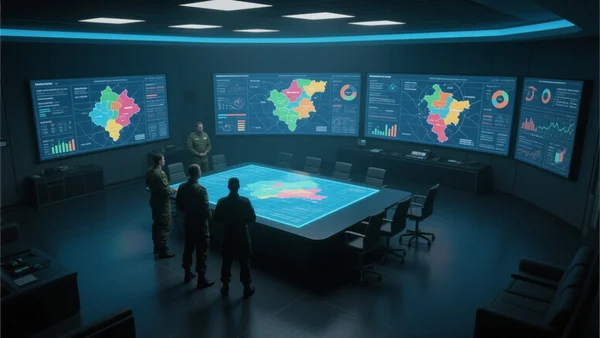 Vue en plongée d'une salle de commandement militaire moderne avec de grands écrans numériques affichant des cartes stratégiques et des données, éclairage bleu ambiant, silhouettes d'officiers en discussion autour d'une table