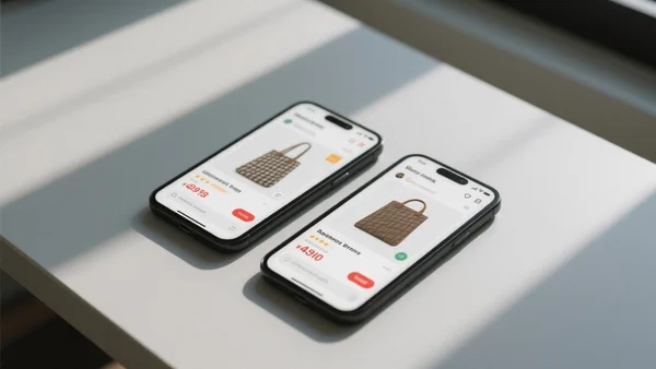 Deux smartphones posés côte à côte sur une table, un écran affichant un prix d'achat dans une application et l'autre un prix inférieur pour le même produit, lumière naturelle de bureau