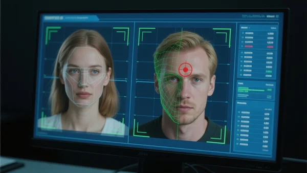 Gros plan sur un écran d'ordinateur montrant une grille de visages biométriques analysés par une intelligence artificielle, avec des contours verts et rouges superposés sur les traits du visage et des données techniques défilantes sur le côté