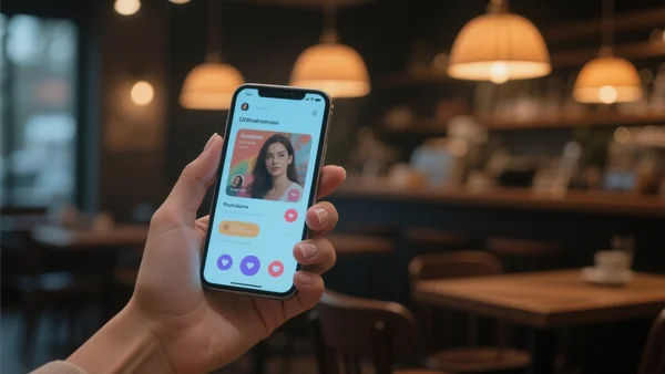 Gros plan sur une main tenant un smartphone qui affiche une interface de rencontre, flou artistique sur l'arrière-plan d'un café, lumière tamisée