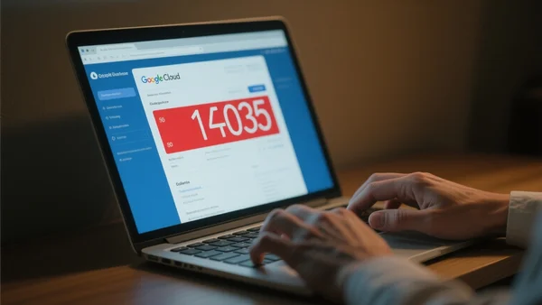 Écran d'ordinateur portable dans une pièce sombre affichant une facture Google Cloud avec un montant astronomique en rouge, flou artistique sur le premier plan de mains crispées sur un clavier