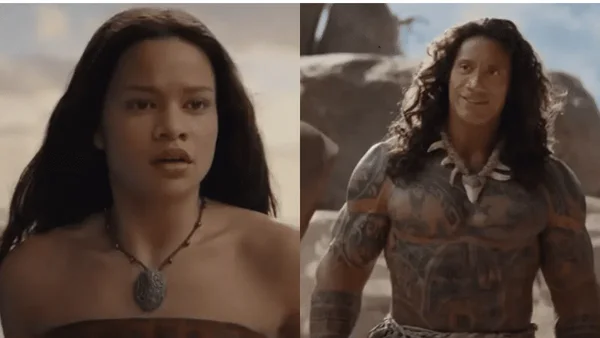 Dwayne Johnson en Maui avec ses tatouages et une femme en tenue polynésienne, dans un cadre extérieur traditionnel.