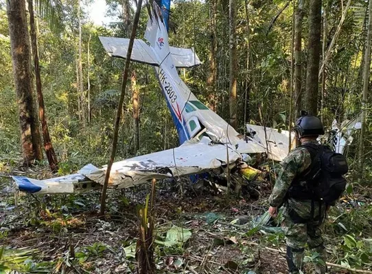 Un militaire examinant l'épave d'un avion dans la jungle.