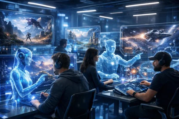 Équipe au travail dans une salle de contrôle avec des écrans d'interface futuristes.