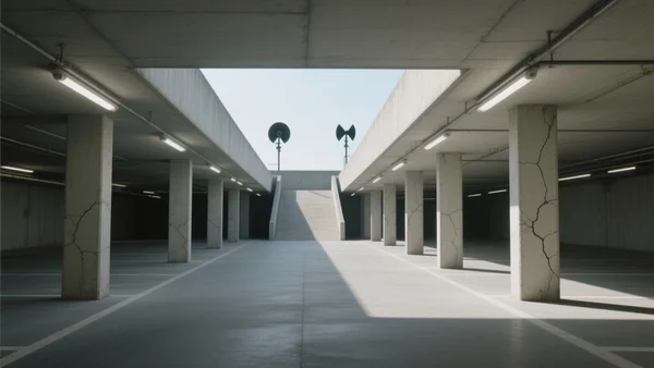 Vue en contre-plongée d'un parking souterrain vide sous éclairage fluorescent, béton fissuré, sirènes anti-aériennes visibles au loin en haut de la rampe d'accès