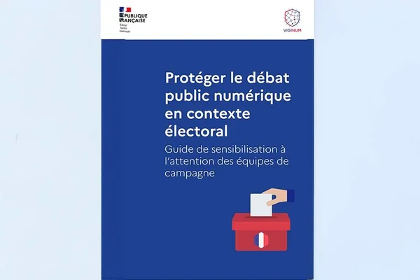 Affiche officielle VIGINUM sur la protection du débat public avec une urne électorale.