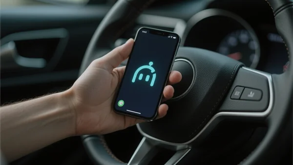 Main d'un conducteur tenant un iPhone sur un volant, l'écran affiche l'interface CarPlay avec un logo d'IA animé sur fond sombre, lumière tamisée à l'intérieur de l'habitacle d'une voiture moderne