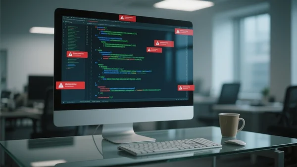 Écran d'ordinateur affichant des lignes de code en surbrillance avec des avertissements de sécurité rouges, flou artistique sur l'arrière-plan d'un bureau moderne